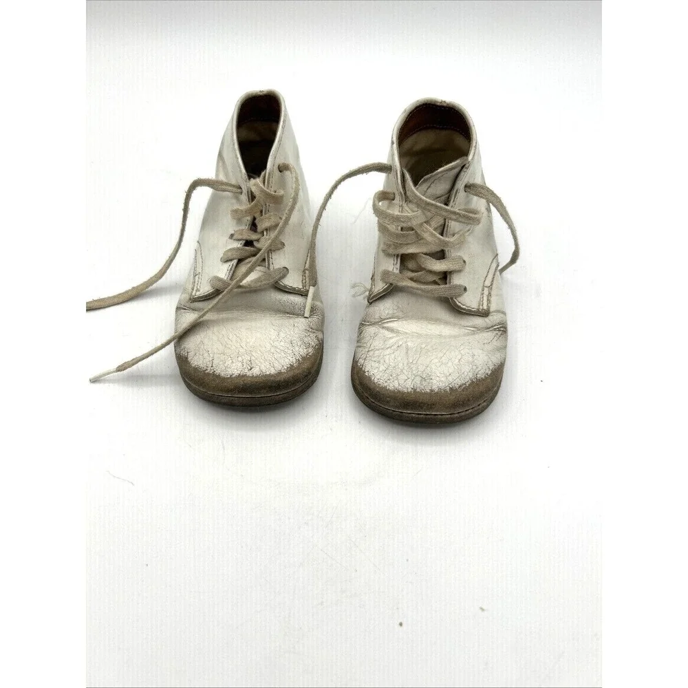 Vtg White Leather Baby Shoes Toddler Size 4.5 Wide Lace Up Mid Top Booties 5